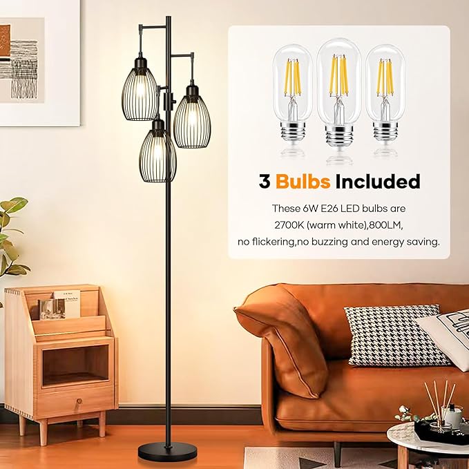 Dimmable Floor Lamp, 3 x 800LM LED Edison Bulbs Included