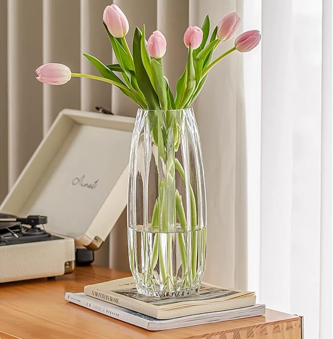 Flower Vase，Glass Vase 11 inch，GIDARY Thickened Clear Ribbed Glass Vase