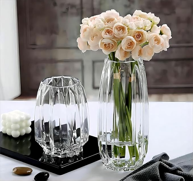 Flower Vase，Glass Vase 11 inch，GIDARY Thickened Clear Ribbed Glass Vase