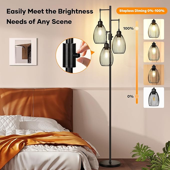 Dimmable Floor Lamp, 3 x 800LM LED Edison Bulbs Included