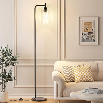 Industrial Floor Lamp with Glass Shade - Black, LED Bulbs, Foot Pedal Switch