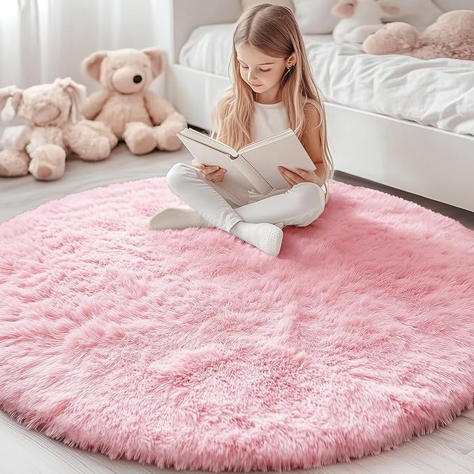 OLANLY Pink Round Rugs for Bedroom - Machine Washable, 4x4 Feet