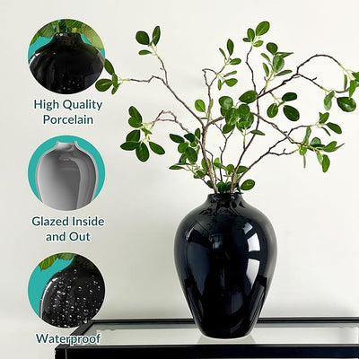 Willowy 10 Inch Porcelain Vase - Large Black Ceramic Vase with Glossy Finish