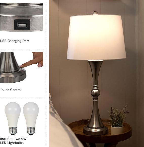 Lavish Home Set of 2 Table Lamps - Lamps with USB Charging Ports, Touch Control