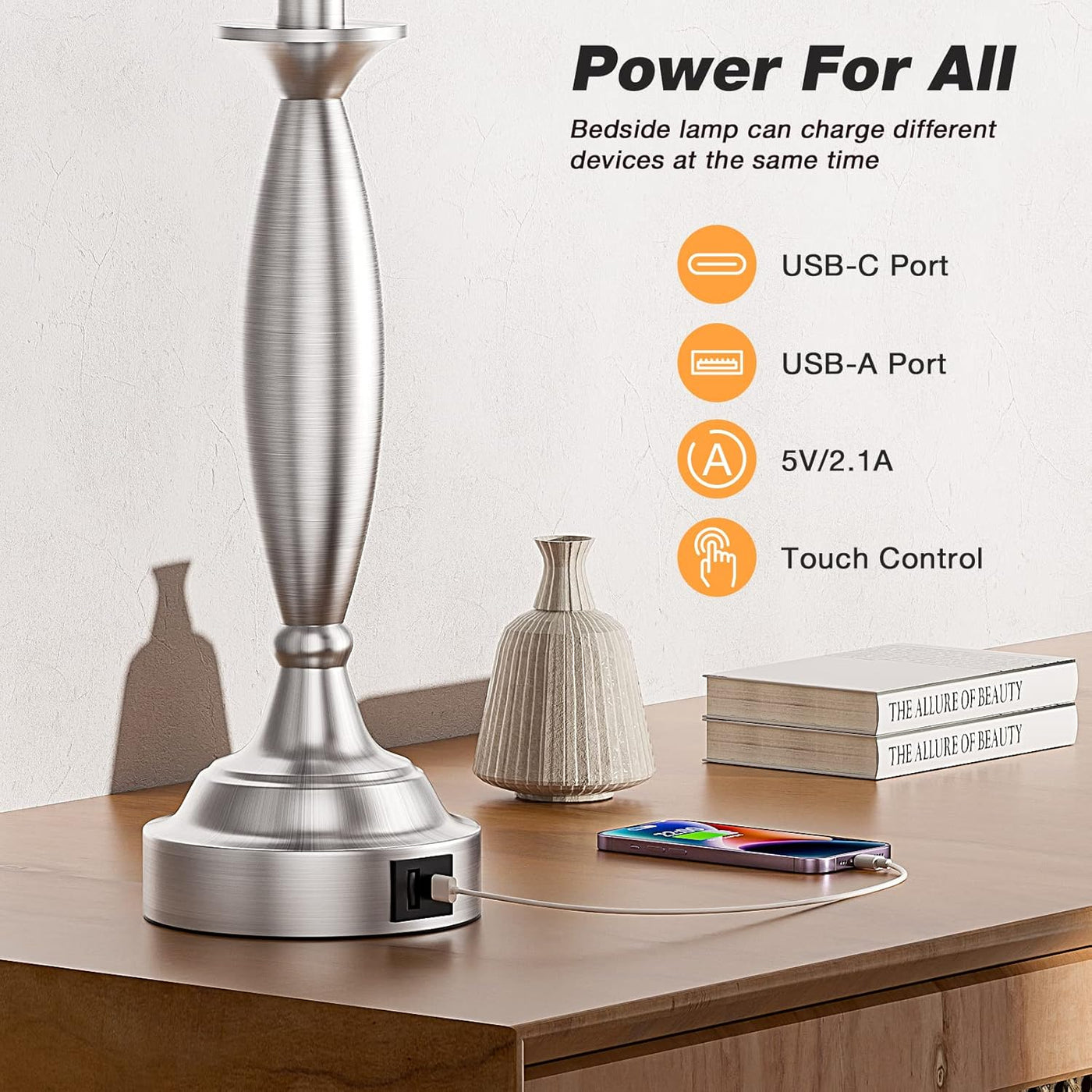 Bedrooms Touch Control Bedside Lamp with USB C+A, 3 Way Dimmable